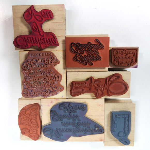 Vintage Rubber Stamps Sentiments Words Lot X 8 Wood Block Crafting - Picture 3 of 6